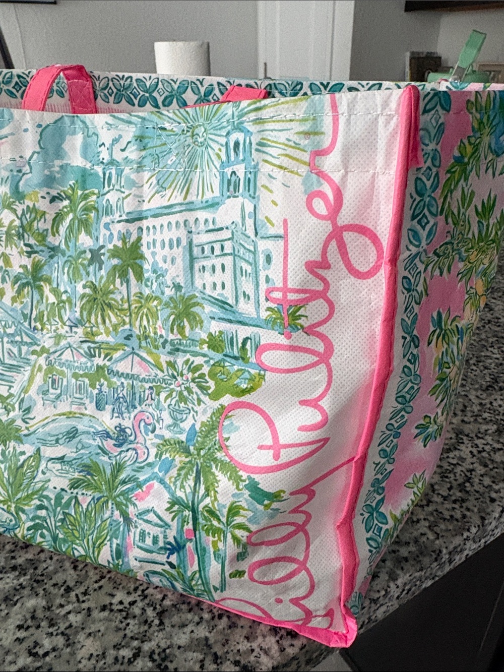 Lilly Pulitzer Pink and Teal Palm-Print Tote reusable